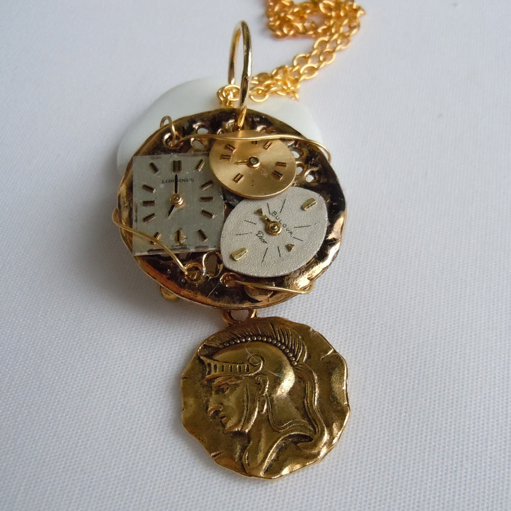 Tri-Watch Face Gold Pendant Necklace