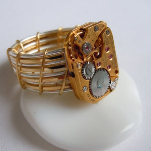 Gold Wire Wrap Rounded Rectangle Watch Gear Ring