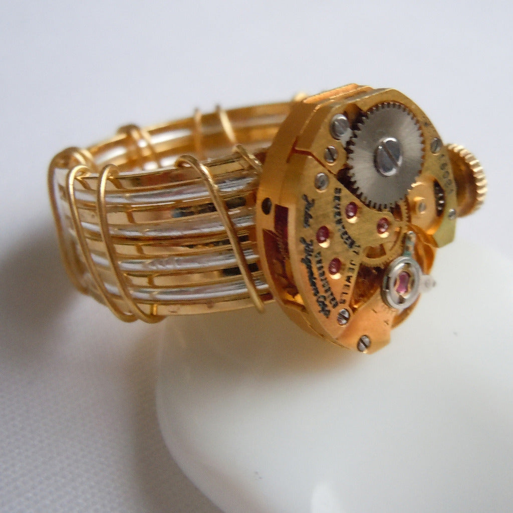 Gold Wire Wrap Oval Watch Gear Ring