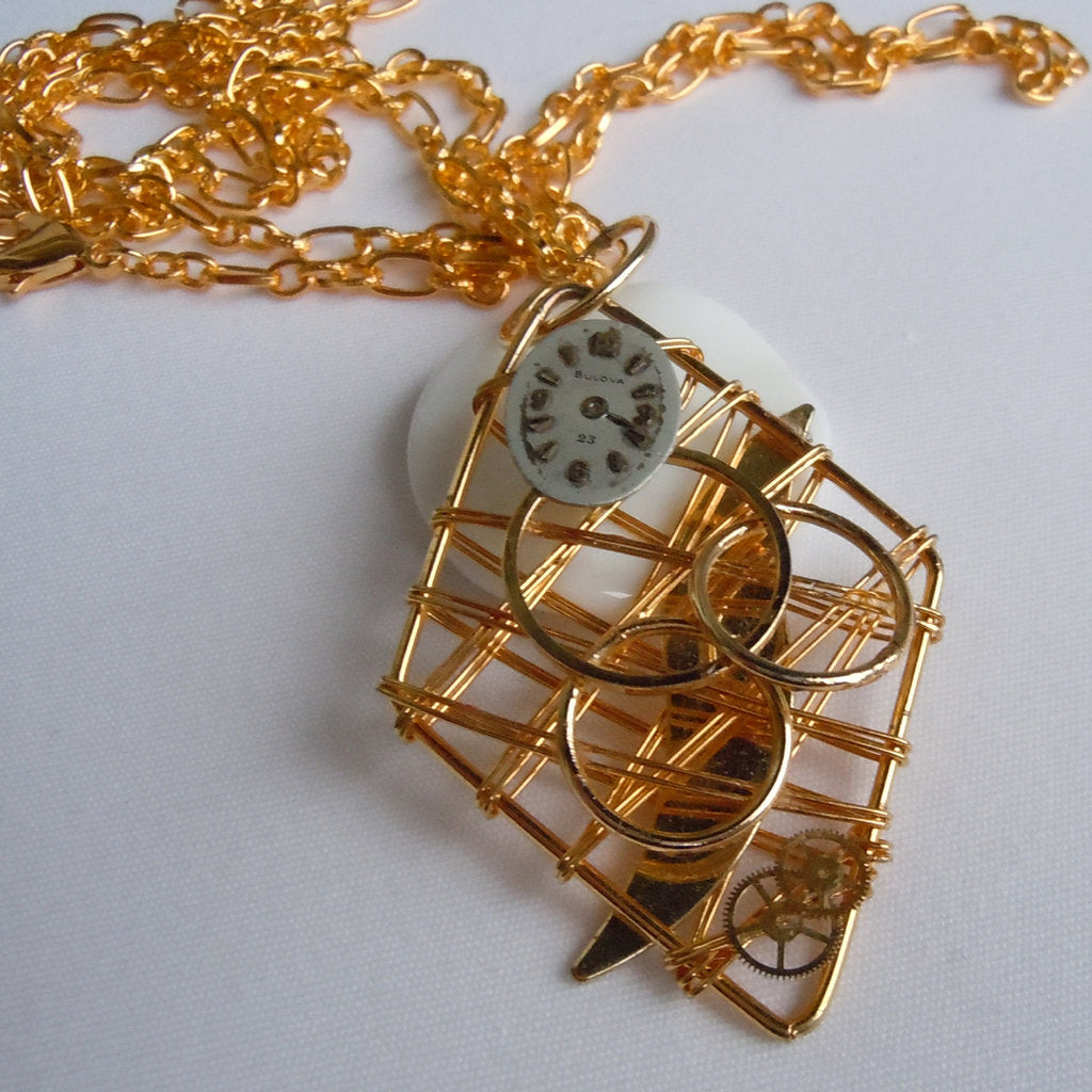 Flat Gold Diamond Watch Face Pendant Necklace